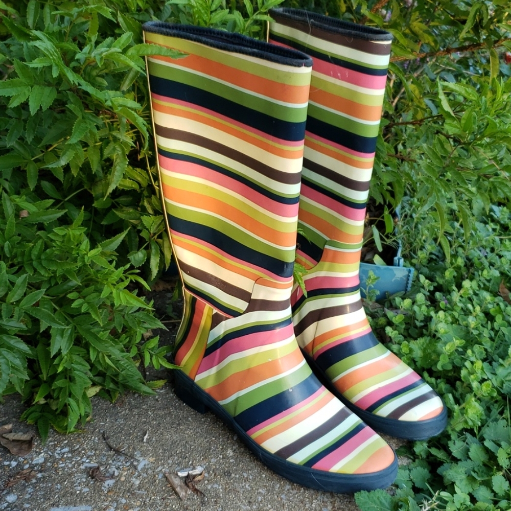 Coach Pink and Green Winter Rain Boots with Chunky Heel